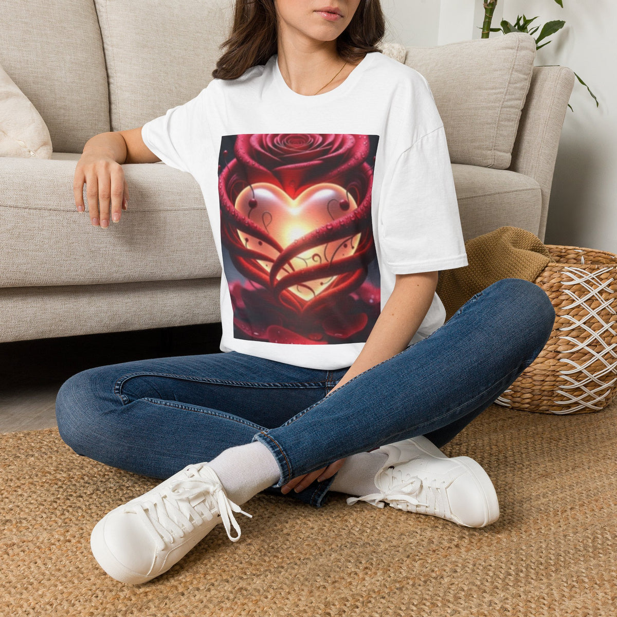 Heart Rose T-Shirt — Glowing Heart & Rose Graphic Tee