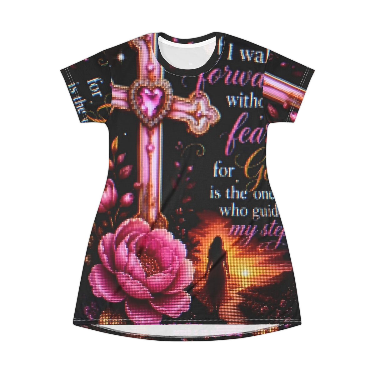 Christian Cross Floral T-Shirt Dress — Inspirational "I Walk Forward With No Fear" AOP