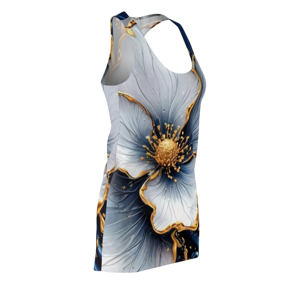 Floral Gold-Trim Racerback Dress – Elegant Blue & White Blossom AOP