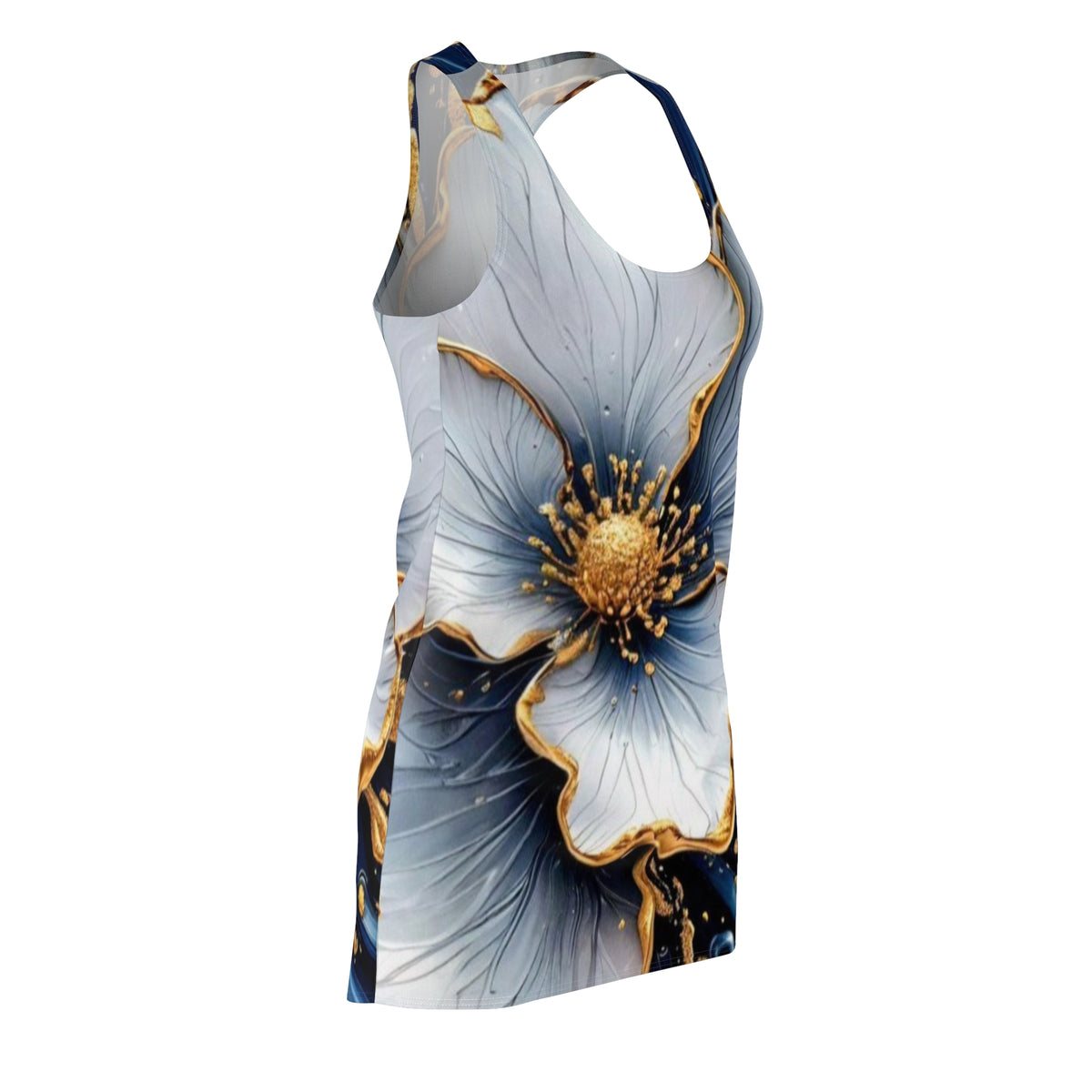 Floral Gold-Trim Racerback Dress – Elegant Blue & White Blossom AOP