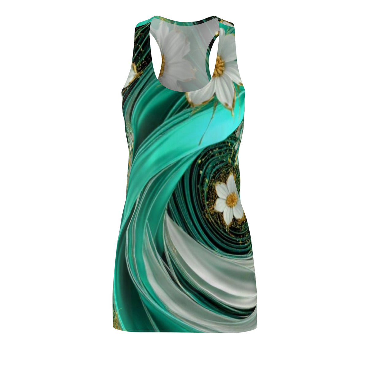 Teal Swirl Floral Racerback Dress — Women's AOP Sundress