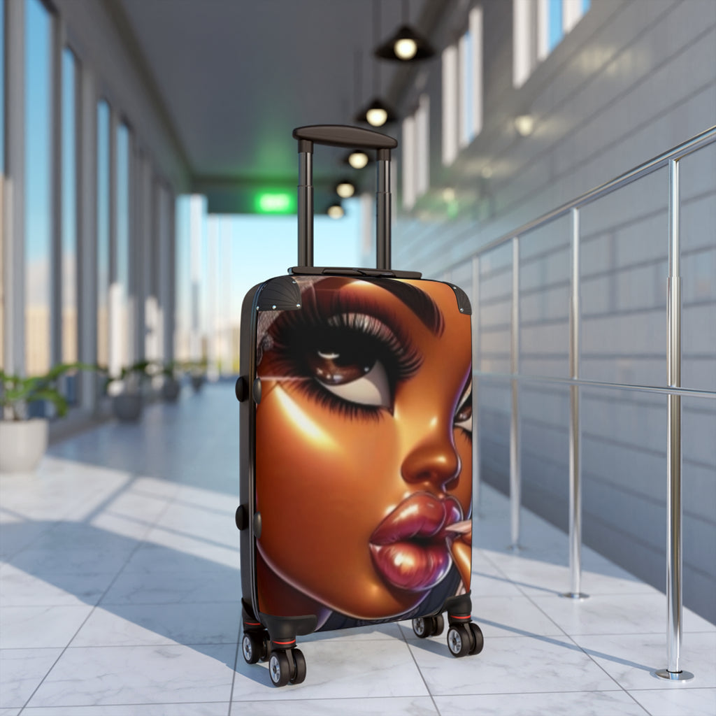 Bold Glam Face Carry-On Suitcase — Lipstick Beauty Print Travel Luggage