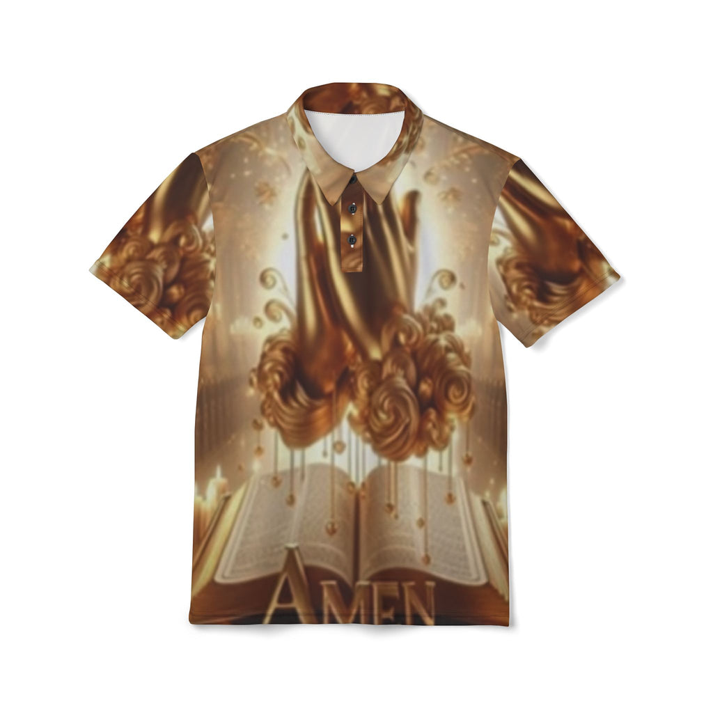 Religious Gold Floral Polo Shirt — "Amen" All-Over Print