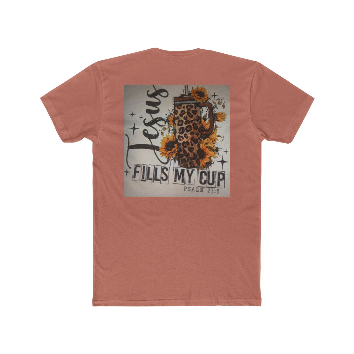 Christian Leopard Mug Graphic Tee — "Jesus Fills My Cup" Sunflower T-Shirt