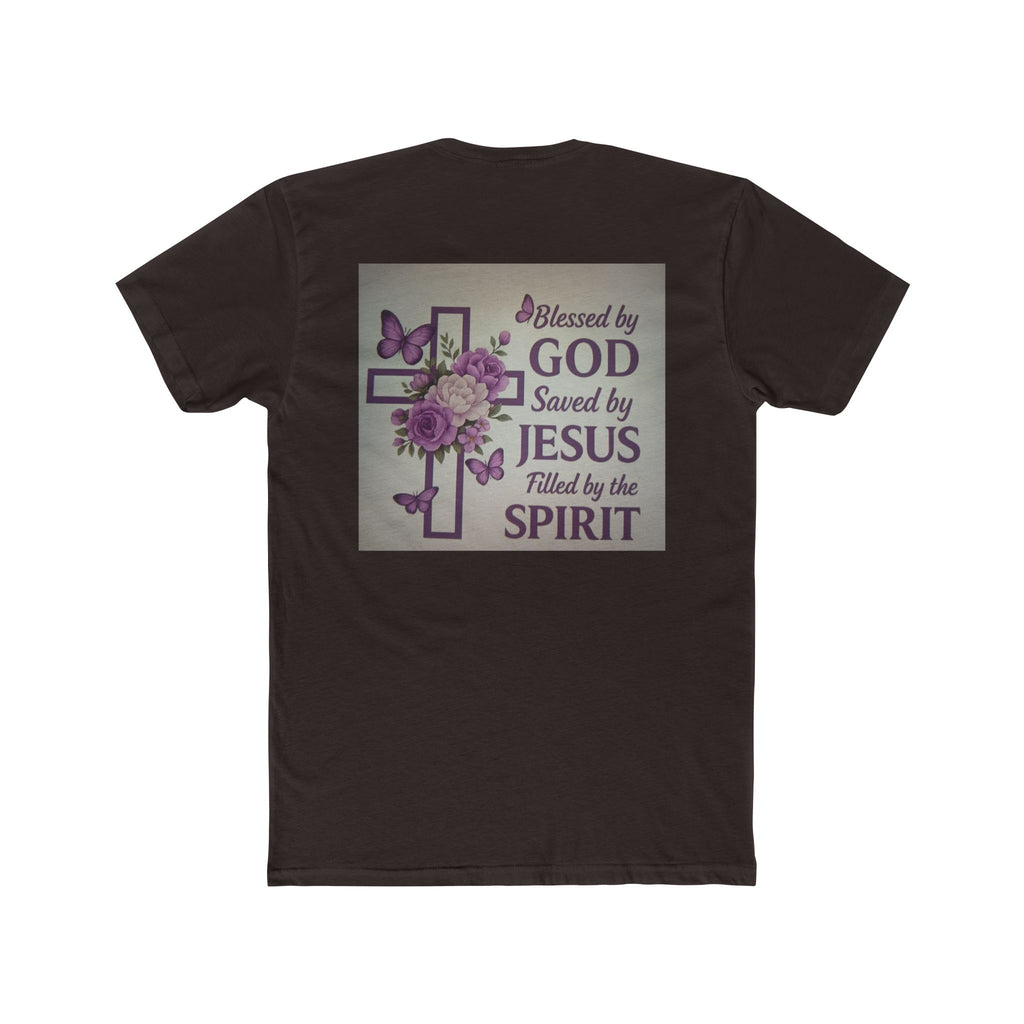Christian Tee — "Blessed by God, Saved by Jesus, Filled by the Spirit" Floral Cross
