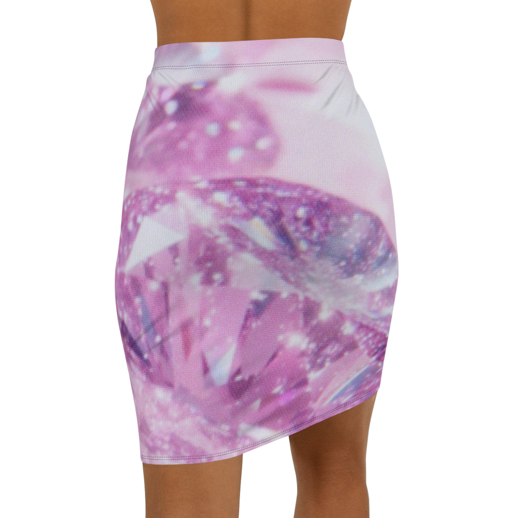 Pink Sparkle Diamond Print Pencil Skirt — Women’s Mid-Waist Glam Bodycon