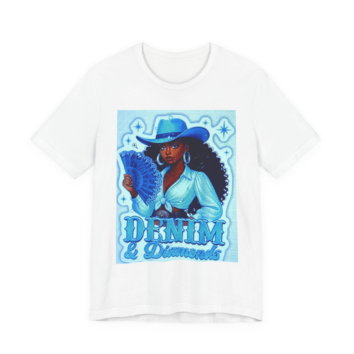 Denim & Diamonds Graphic T‑Shirt — Retro Blue Cowgirl Design