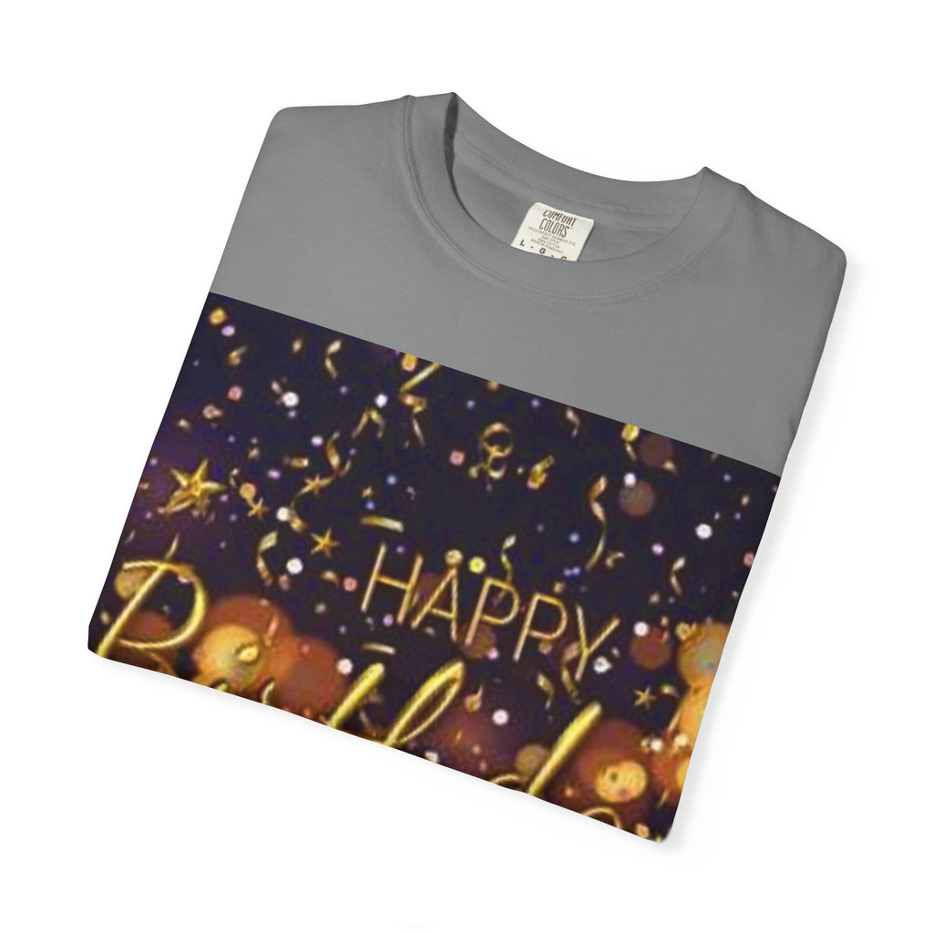 Birthday T-Shirt — Gold Confetti "Happy Birthday" Tee