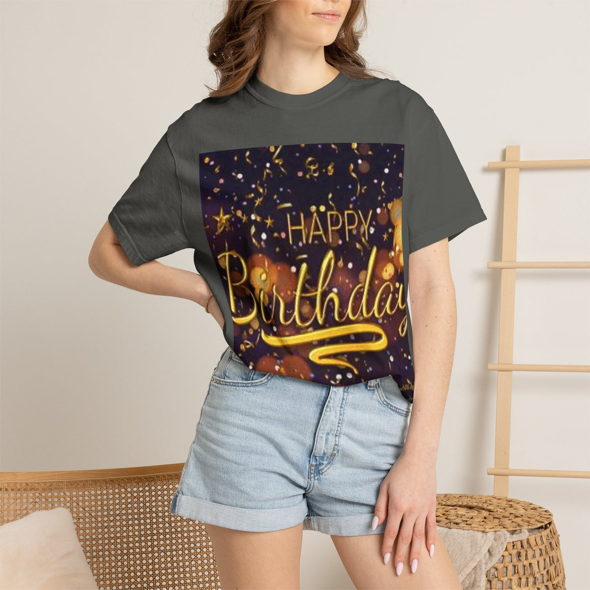 Birthday T-Shirt — Gold Confetti "Happy Birthday" Tee