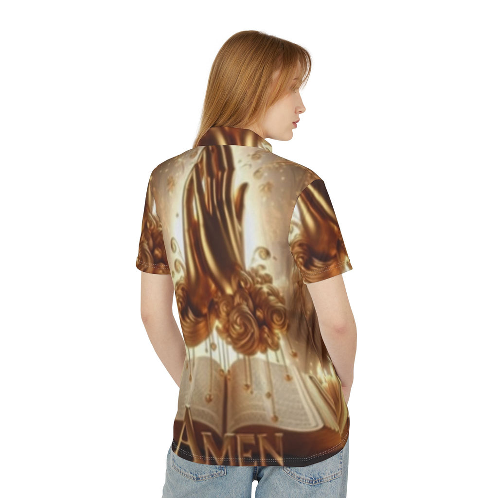 Religious Gold Floral Polo Shirt — "Amen" All-Over Print