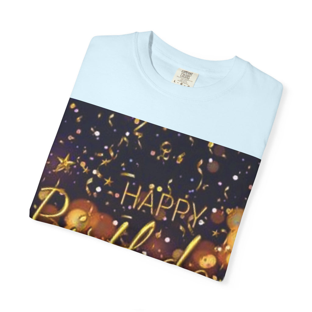 Birthday T-Shirt — Gold Confetti "Happy Birthday" Tee