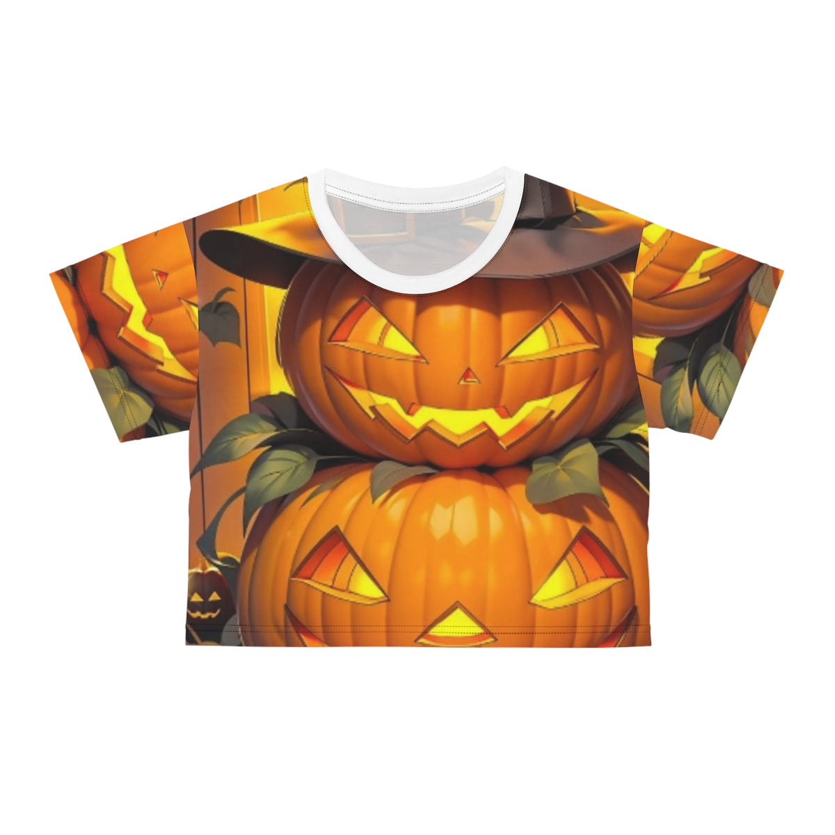 Halloween Jack-o'-Lantern Crop Tee — Spooky Pumpkin All-Over Print