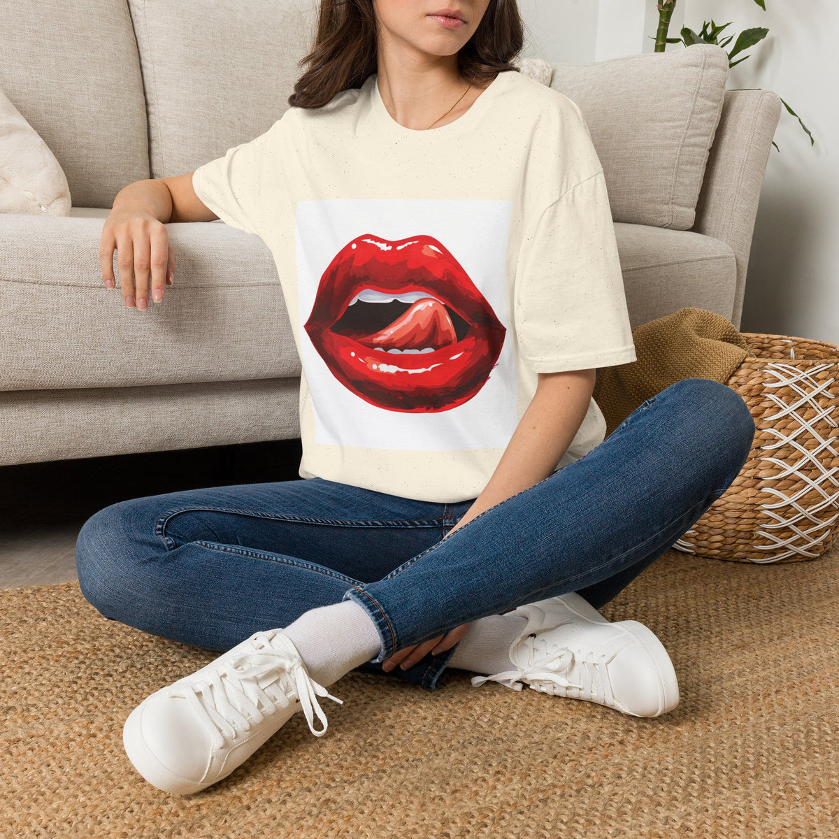 Graphic Tee — Glossy Red Lips Tongue-Out Design