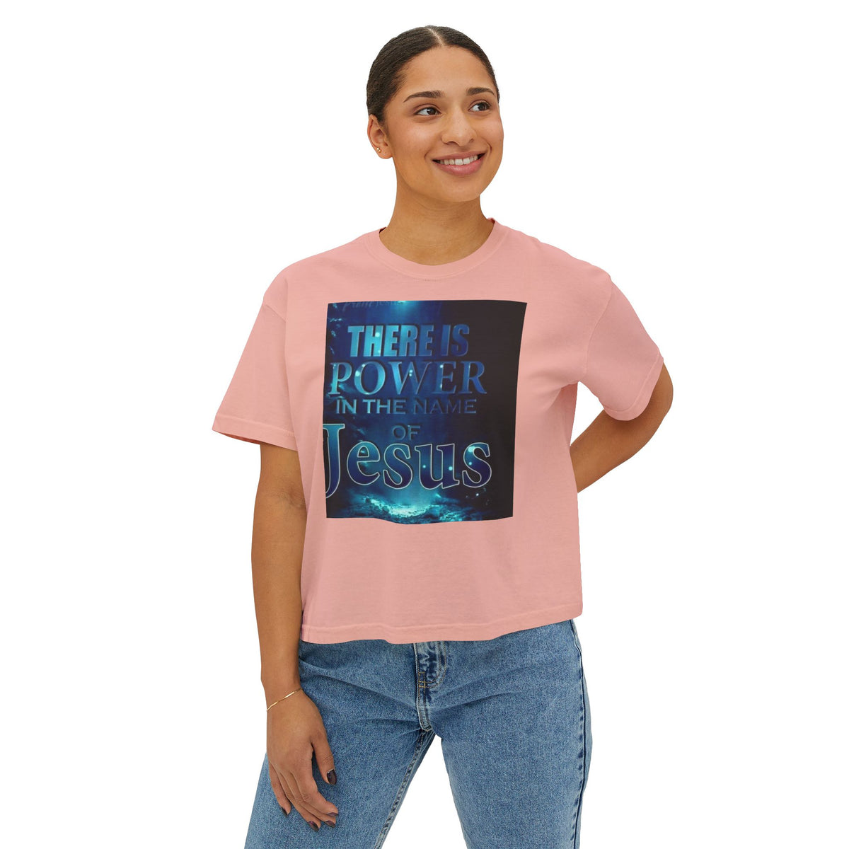 Christian Boxy Tee — "There Is Power in the Name of Jesus" Inspirational Women's Shirt