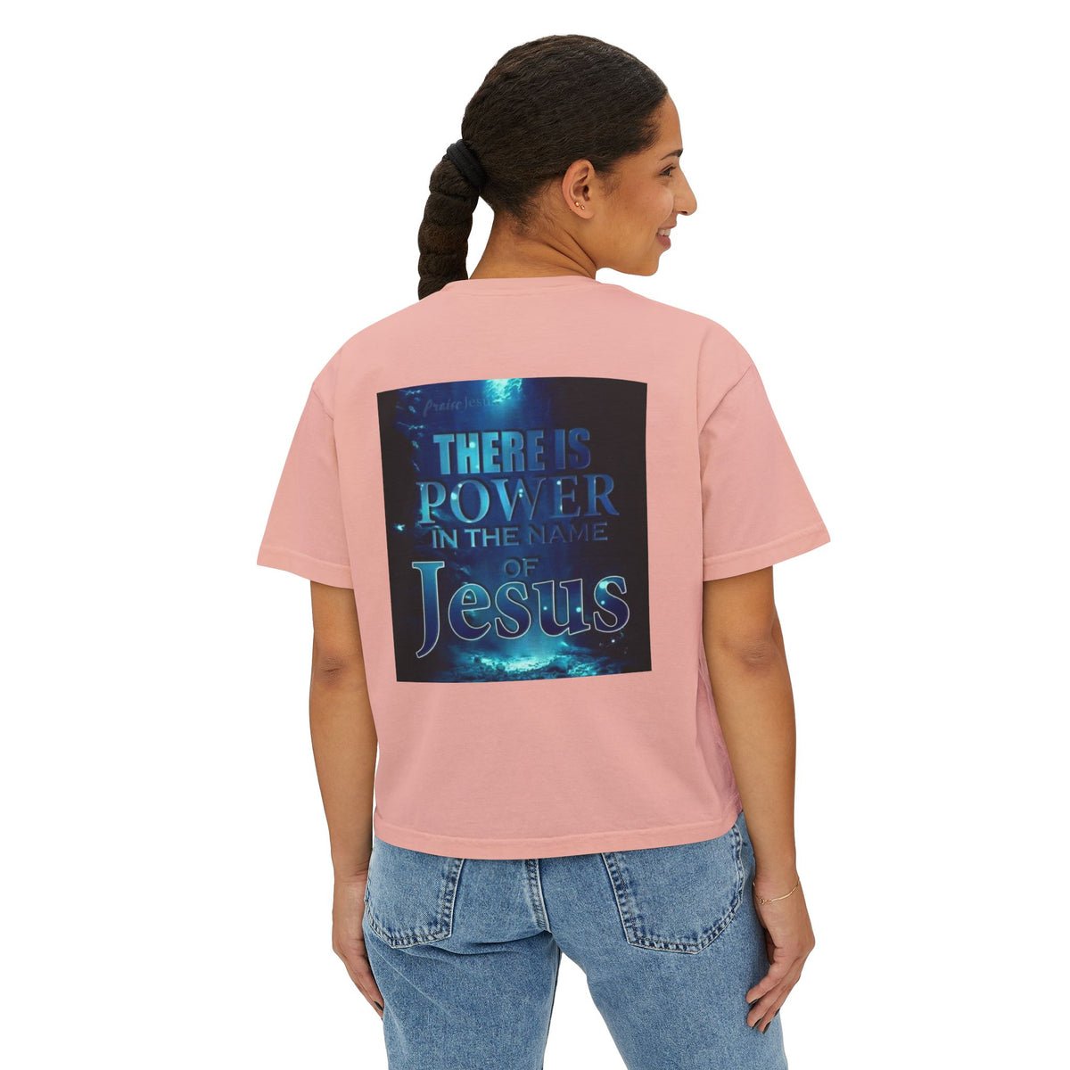 Christian Boxy Tee — "There Is Power in the Name of Jesus" Inspirational Women's Shirt