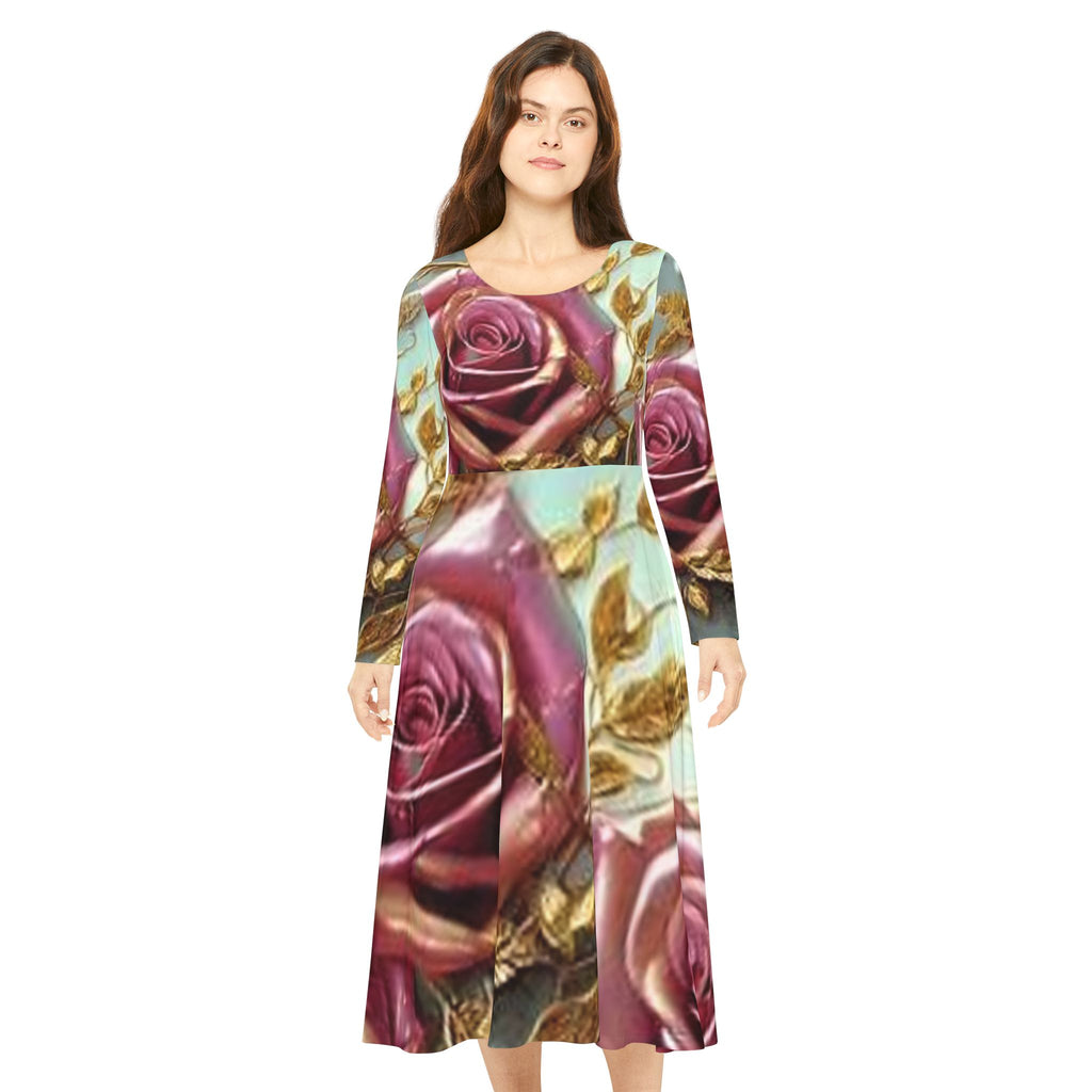 Floral Rose Long Sleeve Dance Dress — Gold Leaf Romantic AOP
