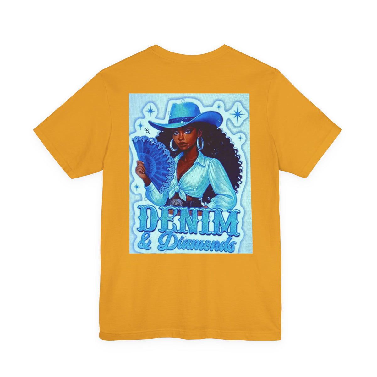 Denim & Diamonds Graphic T‑Shirt — Retro Blue Cowgirl Design