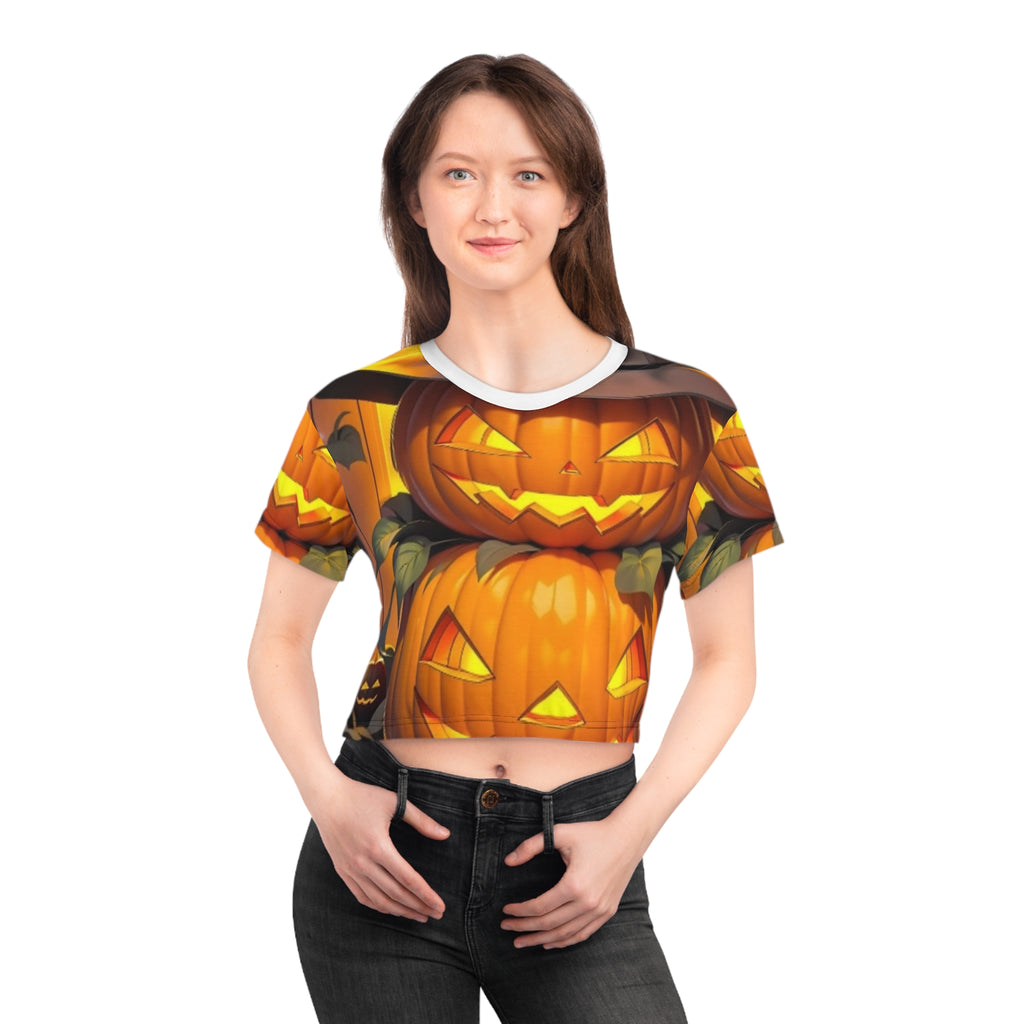 Halloween Jack-o'-Lantern Crop Tee — Spooky Pumpkin All-Over Print