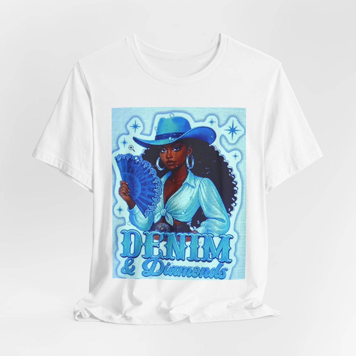 Denim & Diamonds Graphic T‑Shirt — Retro Blue Cowgirl Design