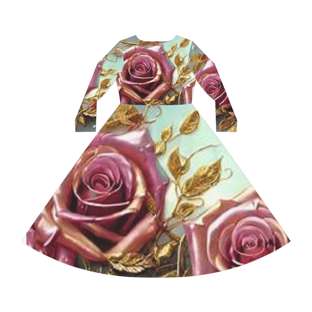 Floral Rose Long Sleeve Dance Dress — Gold Leaf Romantic AOP