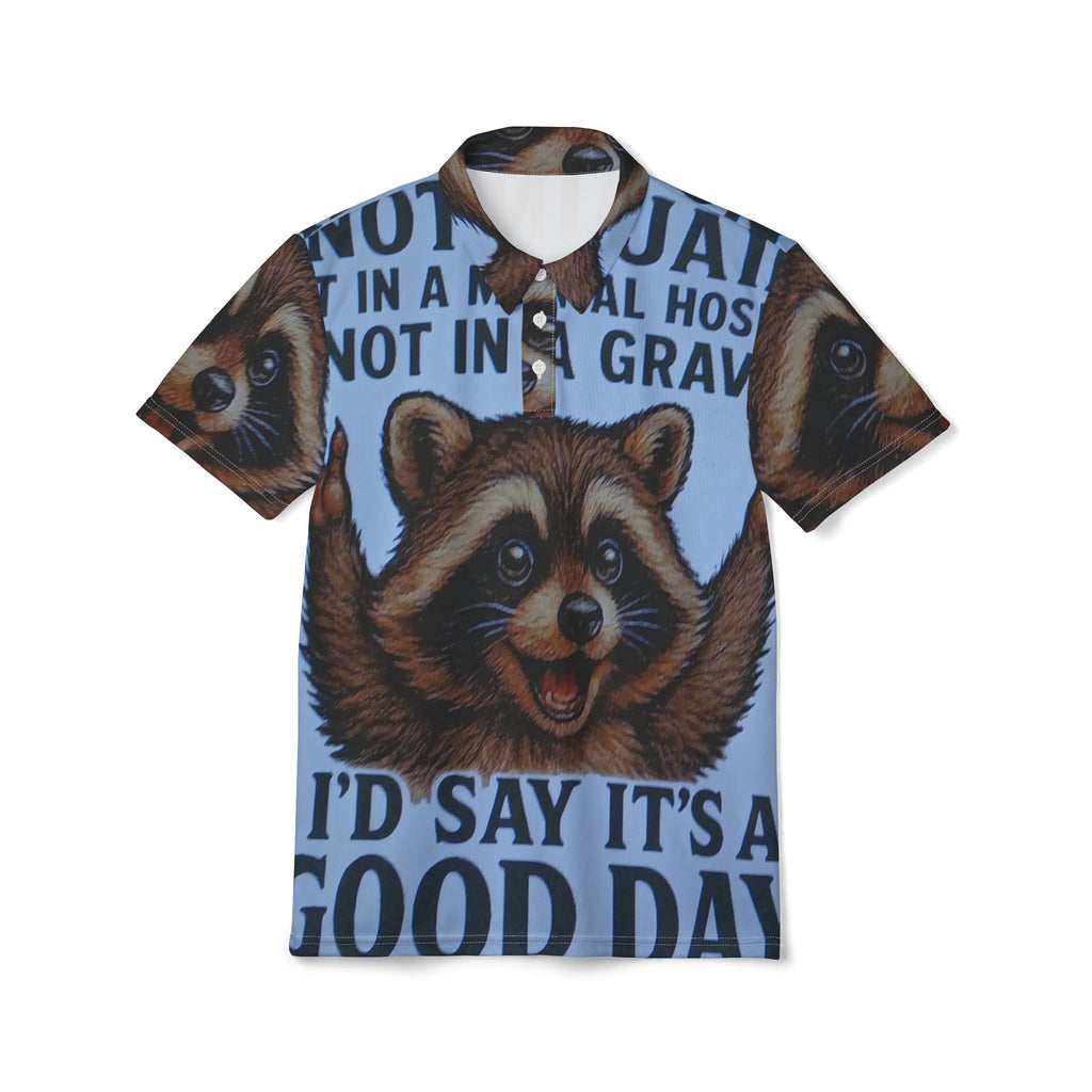 Raccoon Vintage Poster Polo — "I'd Say It's a Good Day" All-Over Print