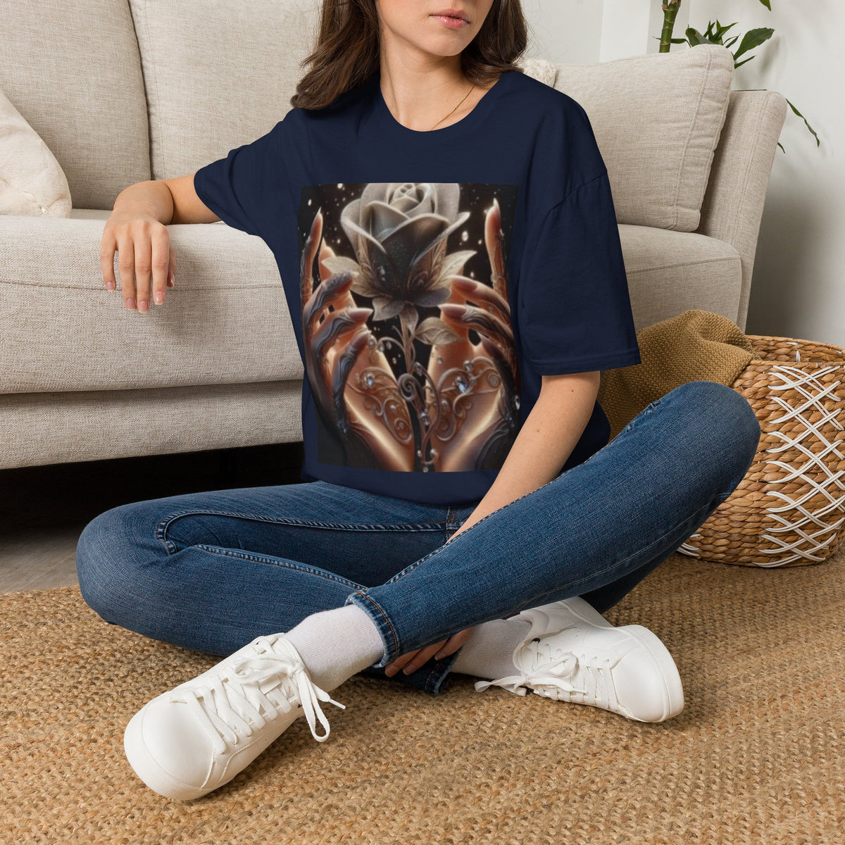 Floral Mystic Rose T‑Shirt — Ethereal Hands & Black Rose Graphic Tee