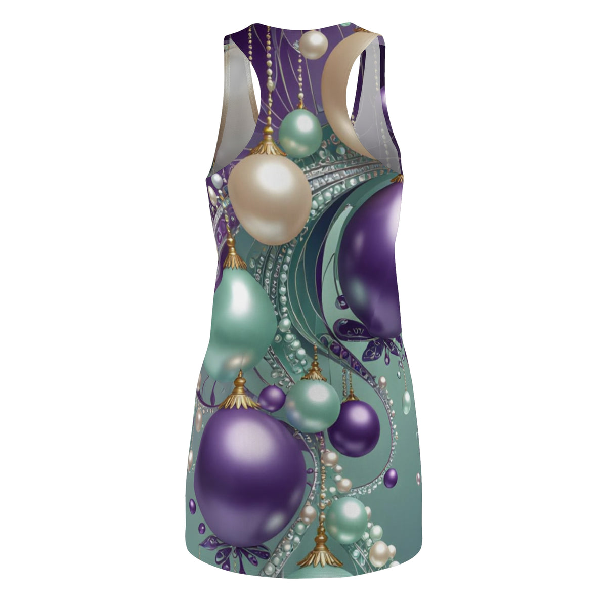 Ornament Cascade Racerback Dress — Teal, Purple & Pearl Holiday Print
