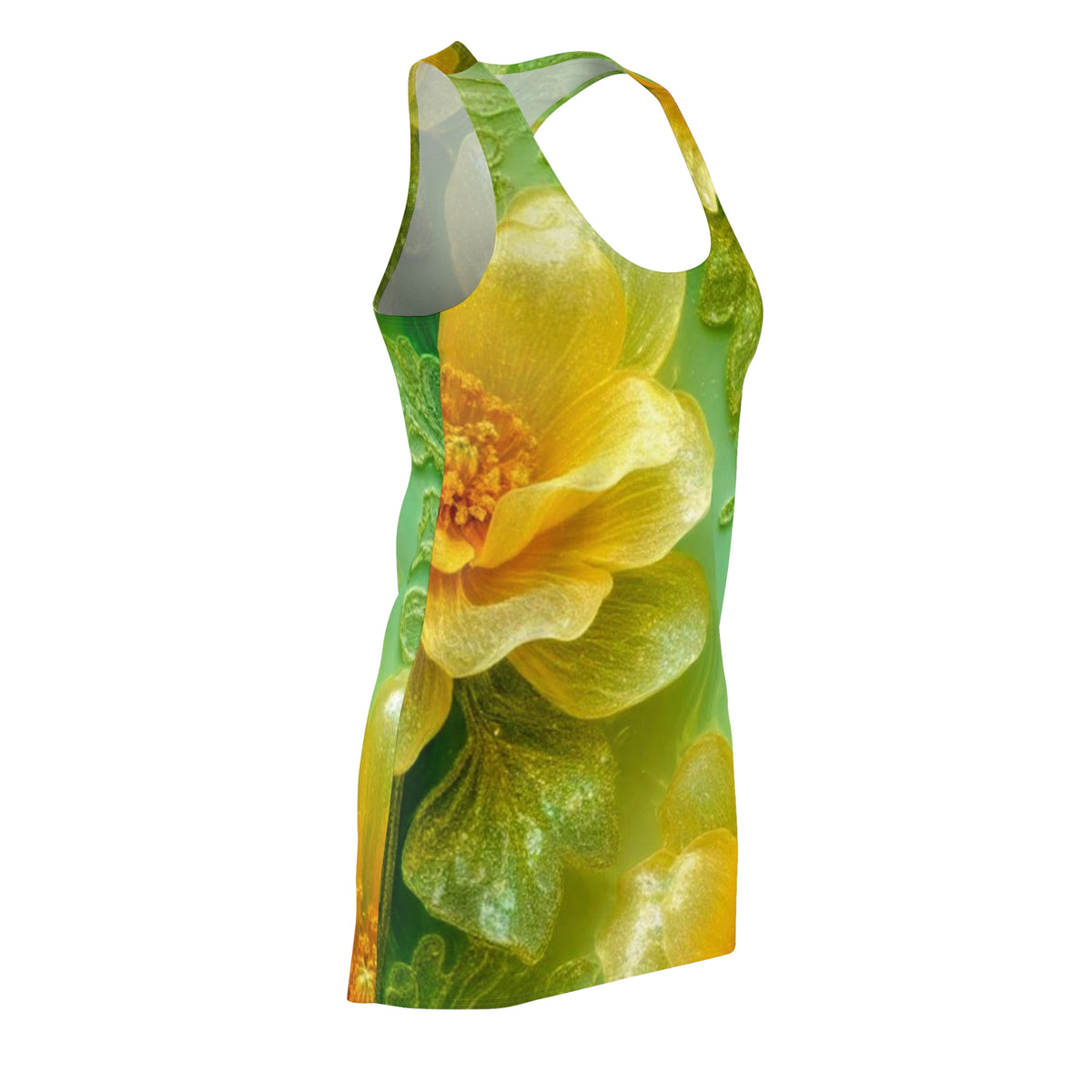 Floral Yellow Green Racerback Dress – All-Over Print Sunflower Garden