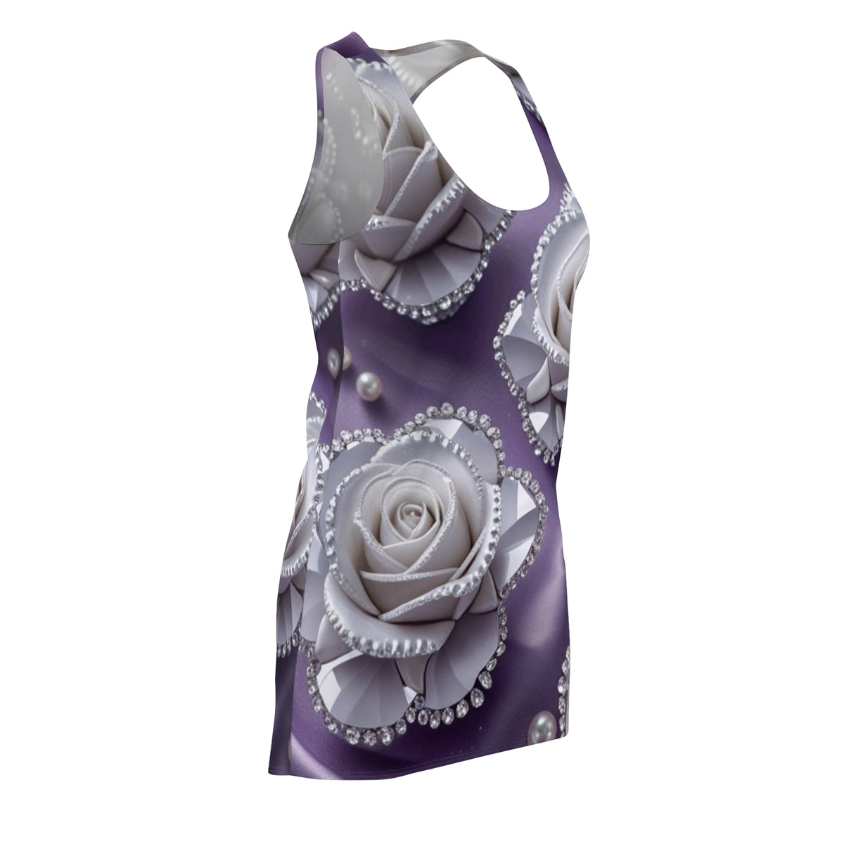 Purple Satin Rose Racerback Dress – White Pearl Floral Print