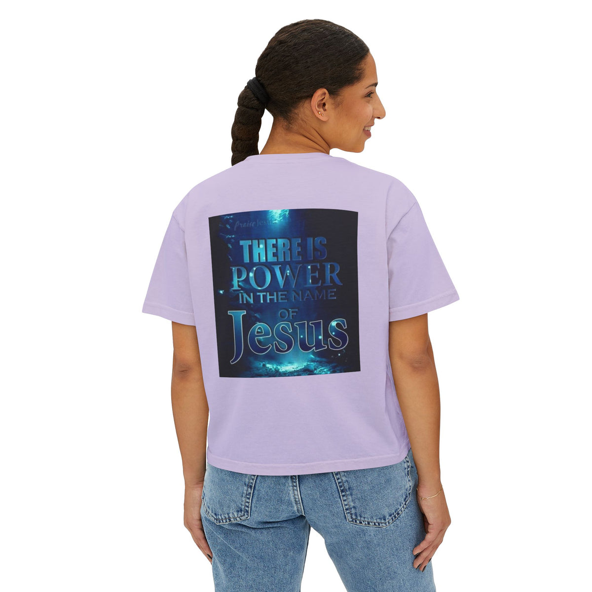 Christian Boxy Tee — "There Is Power in the Name of Jesus" Inspirational Women's Shirt