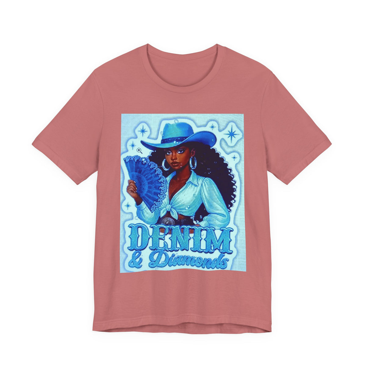 Denim & Diamonds Graphic T‑Shirt — Retro Blue Cowgirl Design