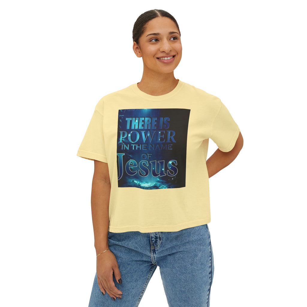 Christian Boxy Tee — "There Is Power in the Name of Jesus" Inspirational Women's Shirt
