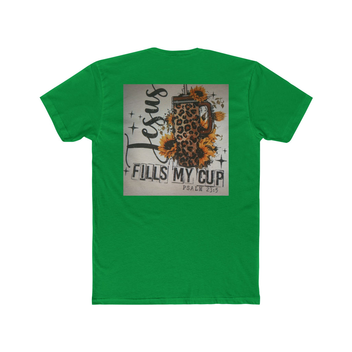 Christian Leopard Mug Graphic Tee — "Jesus Fills My Cup" Sunflower T-Shirt