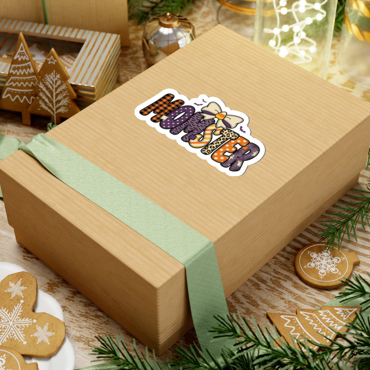 Momster Halloween lettering sticker | Kiss-Cut Sticker, bats, purple orange plaid