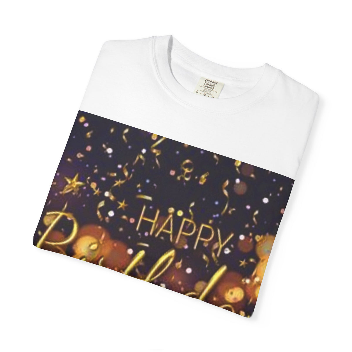 Birthday T-Shirt — Gold Confetti "Happy Birthday" Tee