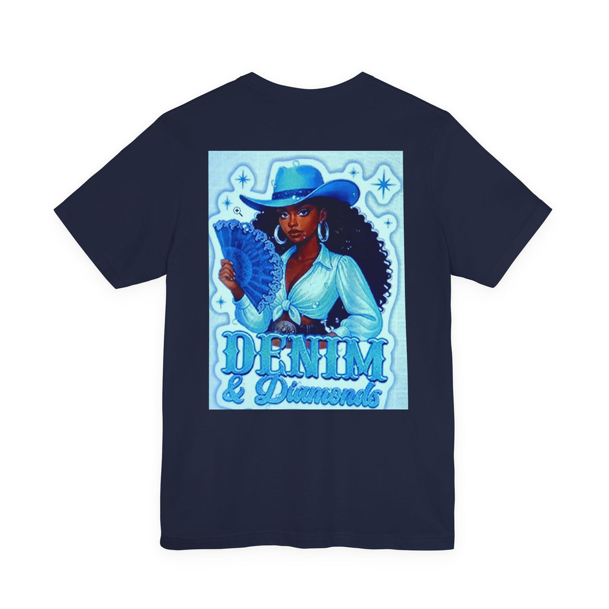 Denim & Diamonds Graphic T‑Shirt — Retro Blue Cowgirl Design