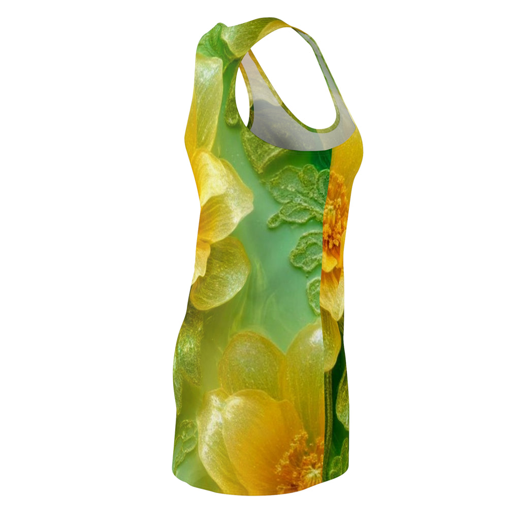 Floral Yellow Green Racerback Dress – All-Over Print Sunflower Garden