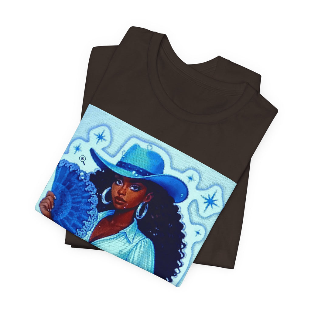 Denim & Diamonds Graphic T‑Shirt — Retro Blue Cowgirl Design