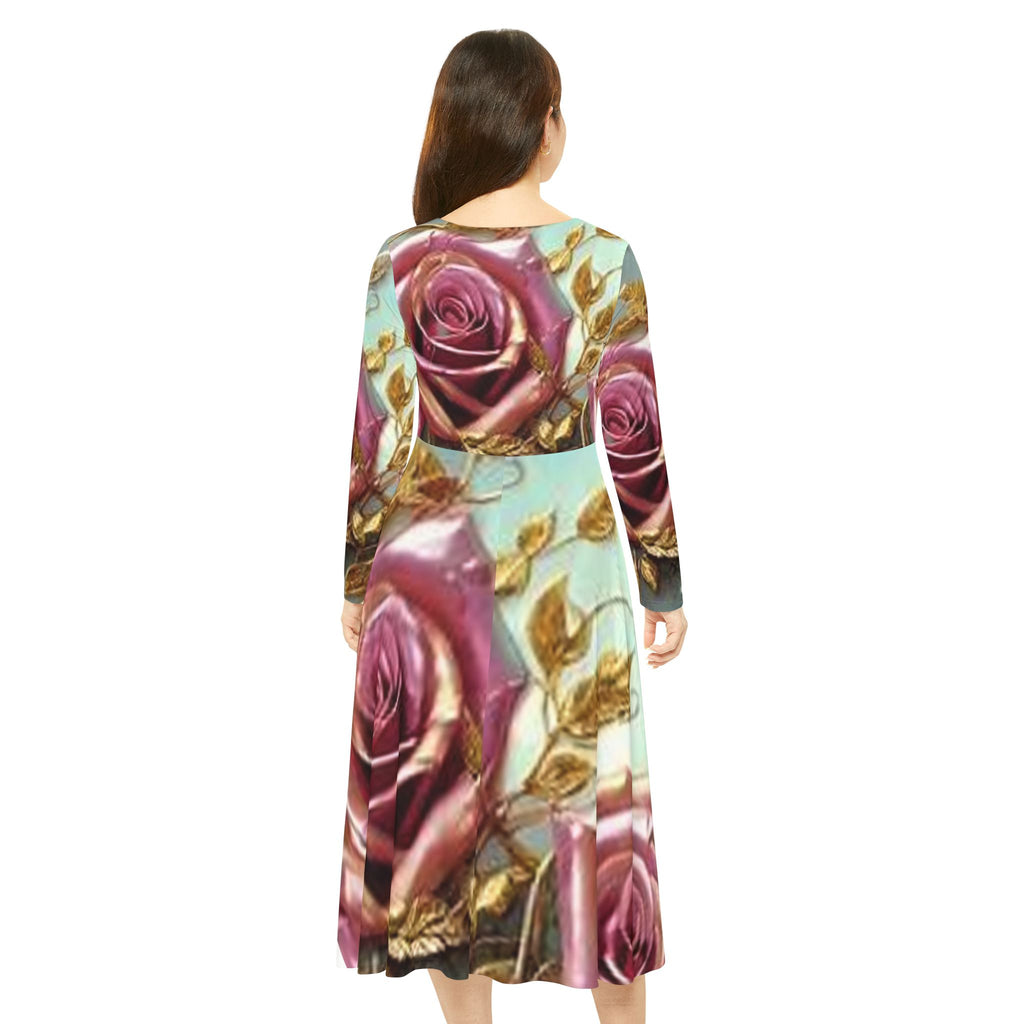 Floral Rose Long Sleeve Dance Dress — Gold Leaf Romantic AOP