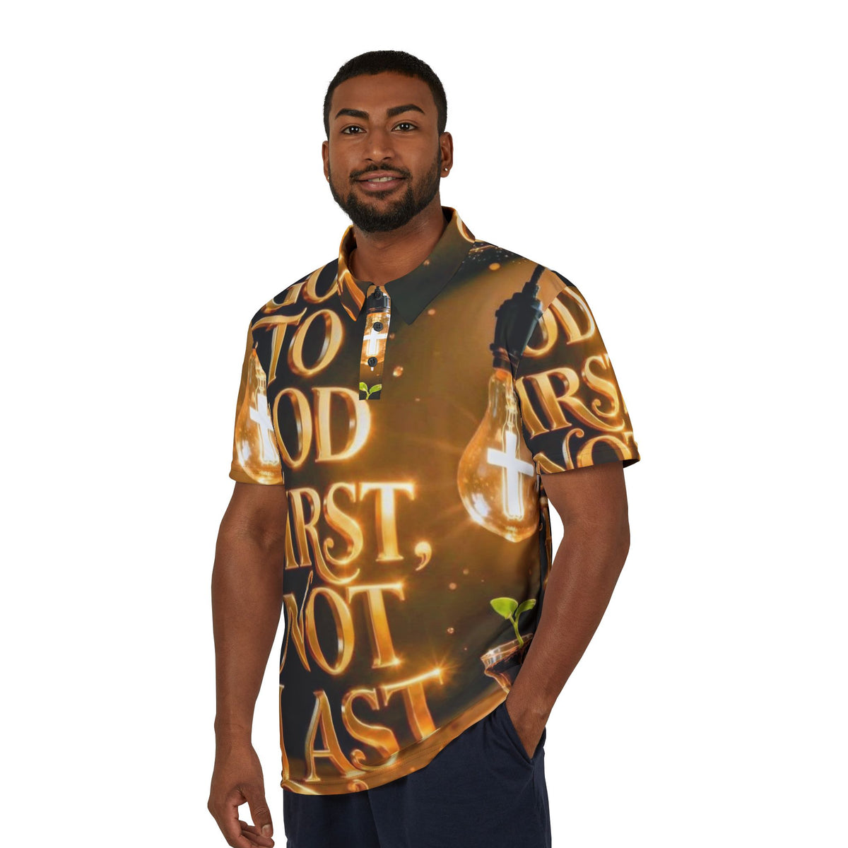 Faith-Focused Polo Shirt — “God First, Not Last” All-Over Print