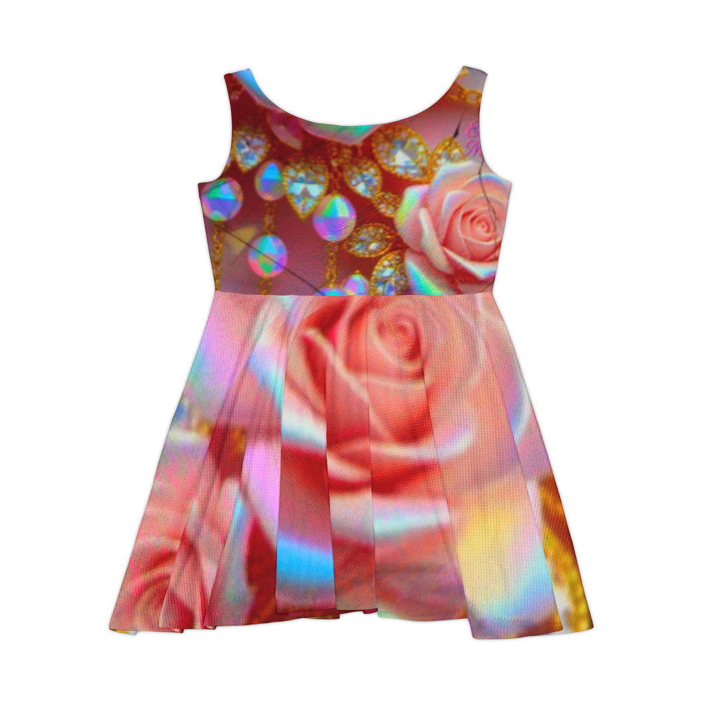 Holographic Rose Skater Dress - Floral Glitter Prism All-Over Print