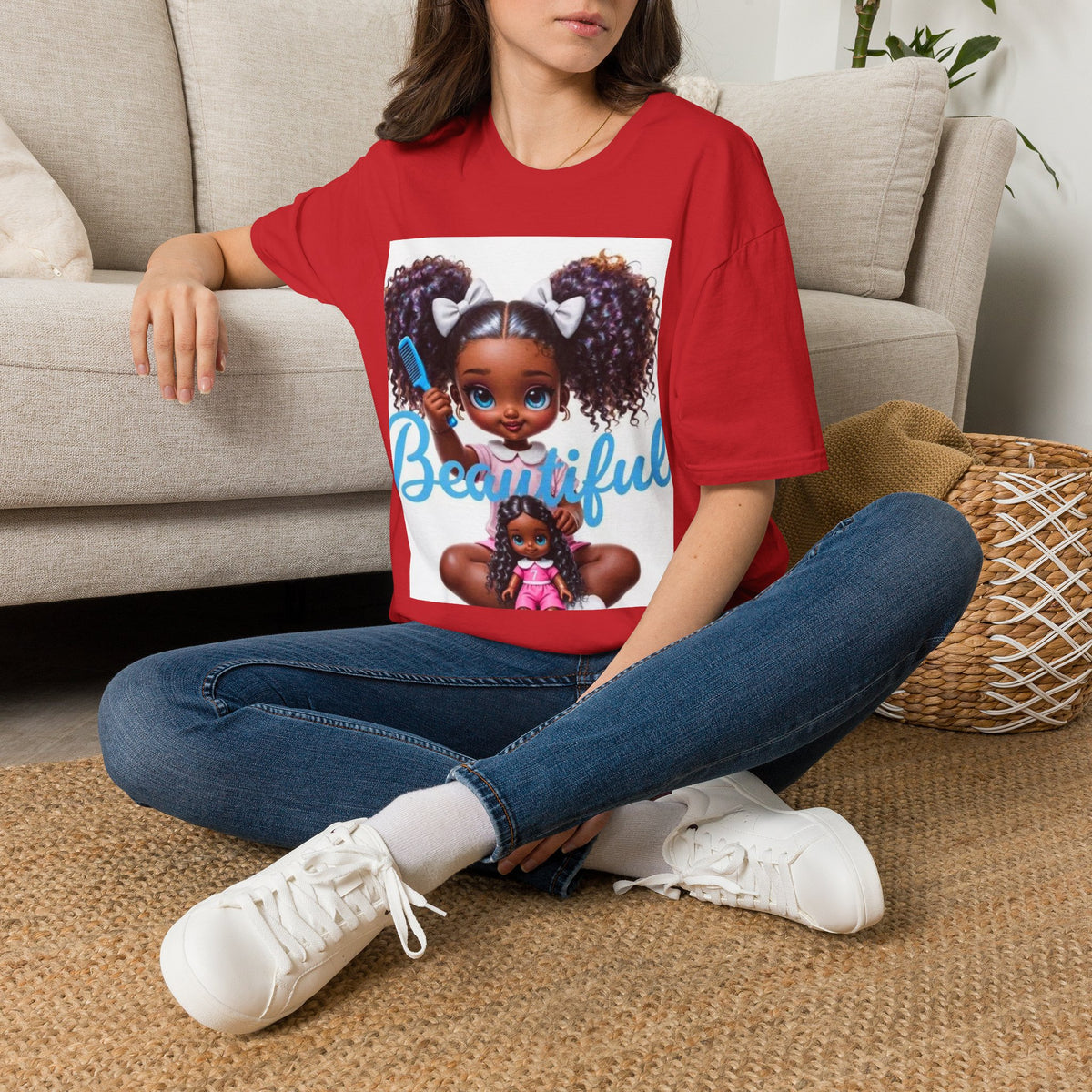T-Shirt — "Beautiful" Cute Curly-Haired Doll Illustration Tee