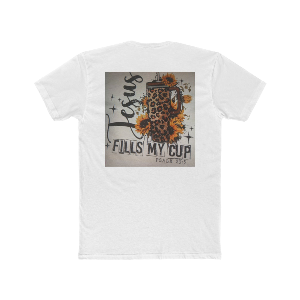 Christian Leopard Mug Graphic Tee — "Jesus Fills My Cup" Sunflower T-Shirt